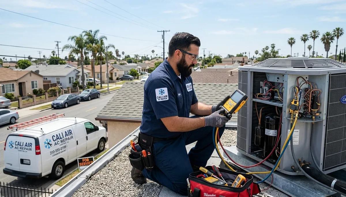 Professional AC repair technician servicing air conditioner in Los Angeles CA home