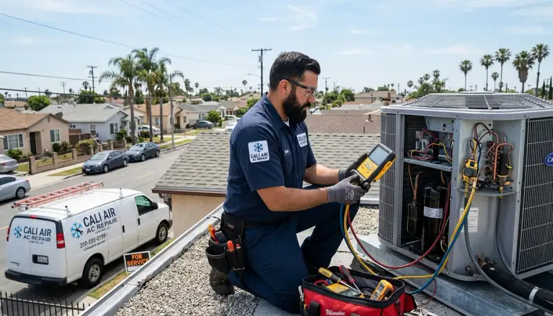 Professional AC repair technician servicing air conditioner in Los Angeles CA home