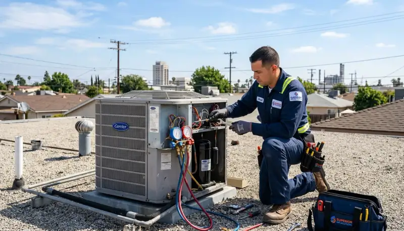 Professional AC repair technician servicing residential air conditioning unit in Los Angeles, CA