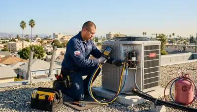 HVAC technician performing air conditioner repair service in Los Angeles CA home
