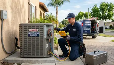 Professional AC repair technician servicing air conditioner in Los Angeles, CA home