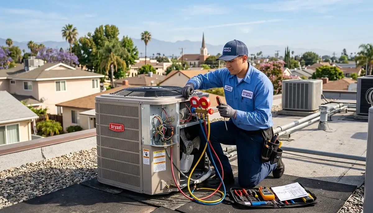 Professional AC repair technician servicing air conditioner unit in Los Angeles CA home