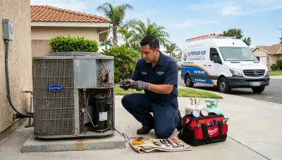 Professional AC repair technician servicing air conditioner in Los Angeles, CA home