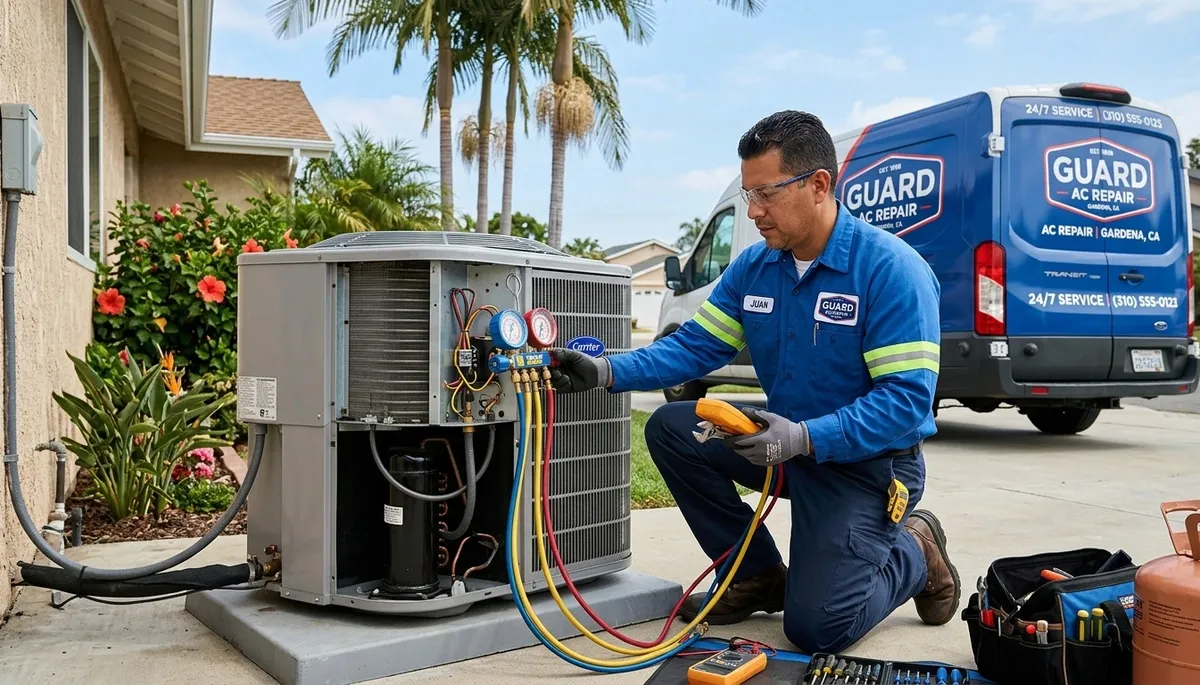 Professional AC repair technician servicing air conditioning unit in Los Angeles, CA