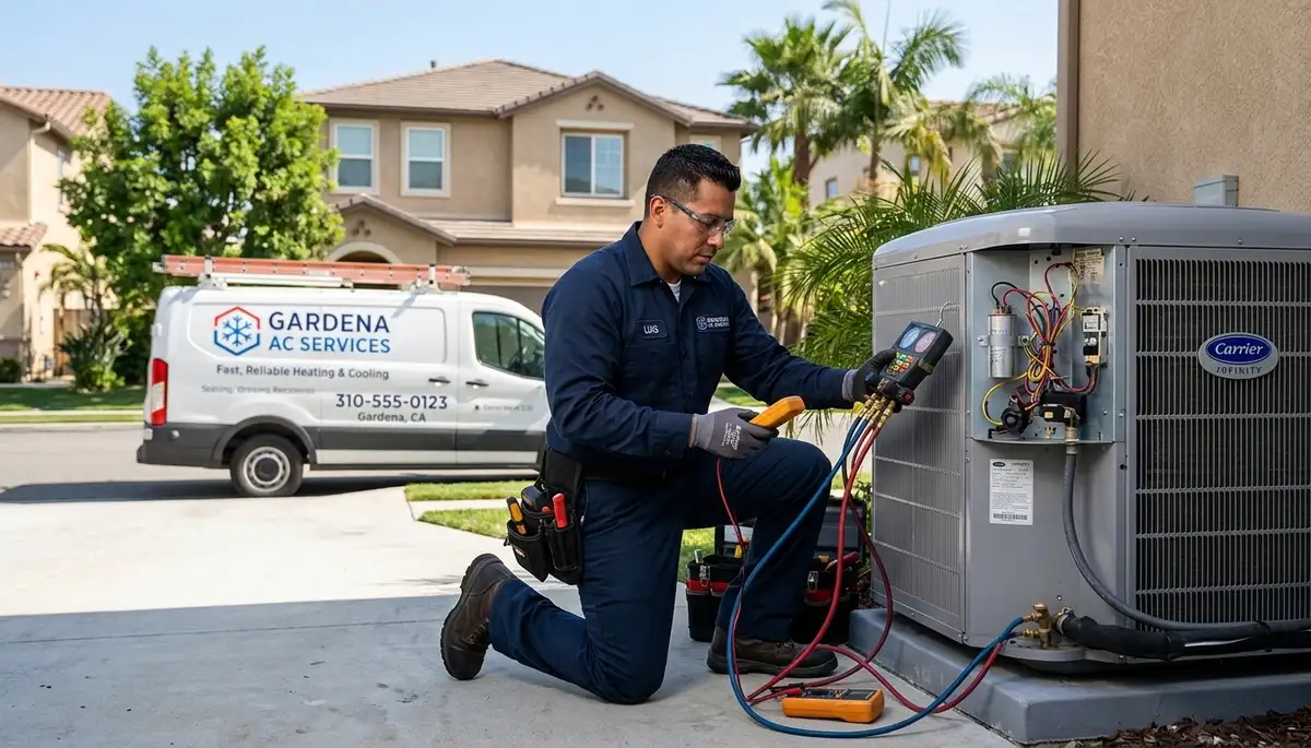Professional AC repair technician servicing air conditioner unit in Los Angeles, CA