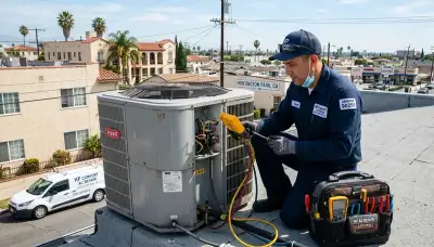Certified AC repair technician servicing residential HVAC unit in Los Angeles, CA
