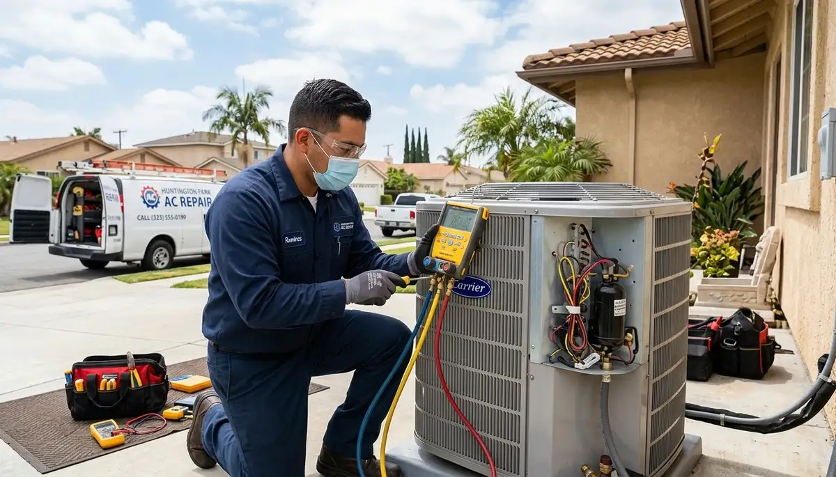 Professional AC repair technician servicing air conditioner in Los Angeles, CA