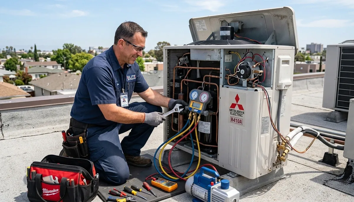 Technician performing AC repair in Los Angeles, CA for Five Star Cooling home service
