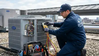 HVAC technician performing AC repair service in Los Angeles, CA for Five Star Cooling