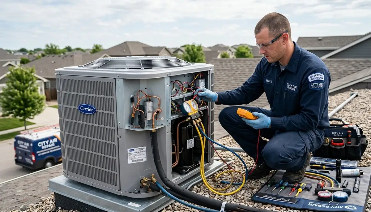 Technician performing AC repair service in Los Angeles, CA for Five Star Cooling