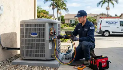 Professional AC repair technician servicing air conditioner unit in Los Angeles, California