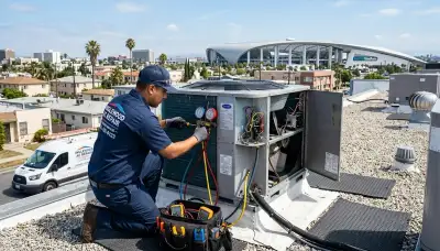 Professional AC repair technician servicing residential unit in Los Angeles, CA