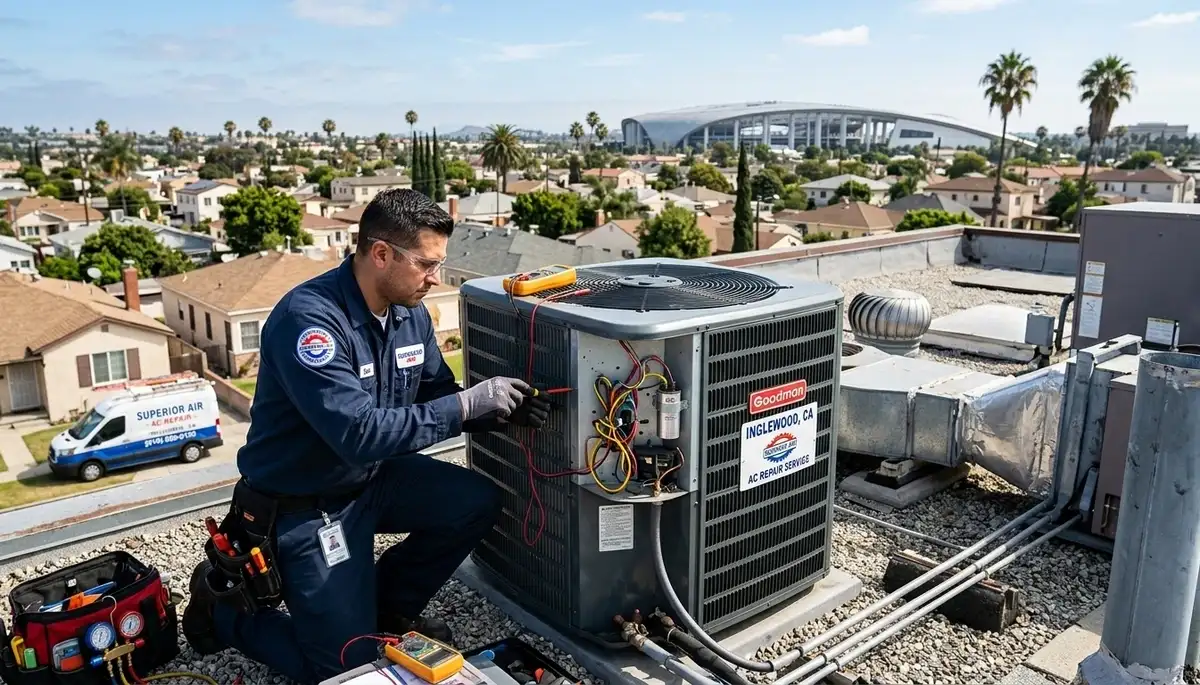 Professional AC repair technician servicing air conditioner unit in Los Angeles, CA