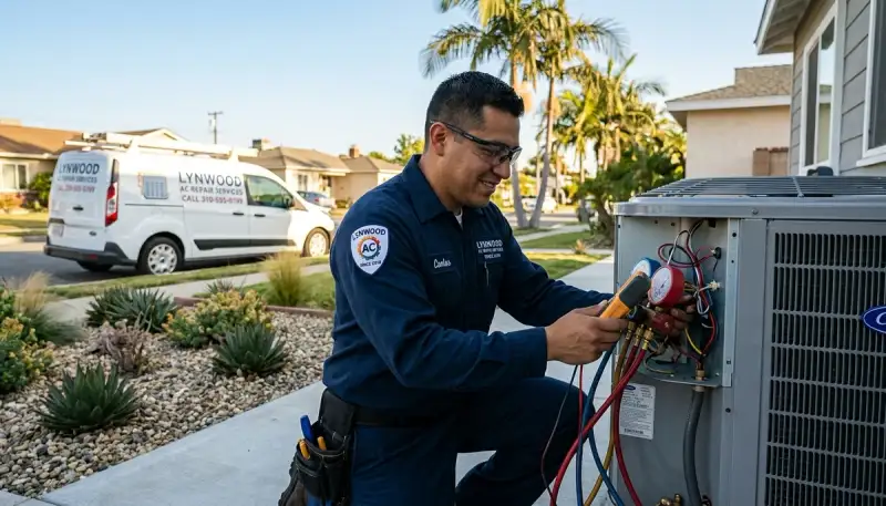 Professional AC repair technician servicing air conditioning unit in Los Angeles, CA