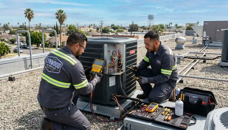 Professional AC repair technician servicing air conditioner unit in Los Angeles, CA
