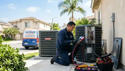 Professional AC repair technician servicing air conditioner in Los Angeles CA home