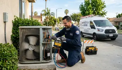 Professional AC repair technician servicing air conditioner unit in Los Angeles, CA