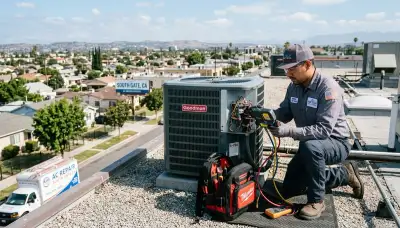 Professional AC repair technician servicing air conditioner unit in Los Angeles, CA home