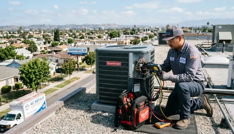 Professional AC repair technician servicing air conditioner unit in Los Angeles, CA home