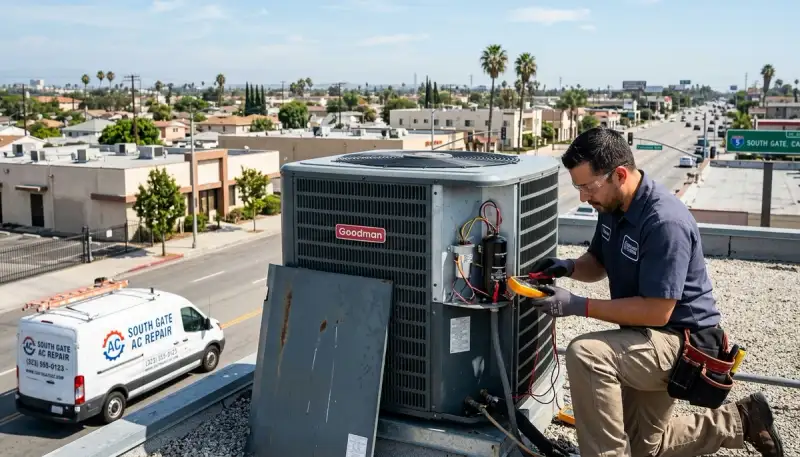 Professional AC repair technician servicing air conditioner in Los Angeles, CA