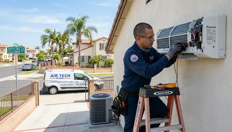 Professional AC repair technician servicing air conditioner unit in Los Angeles, CA