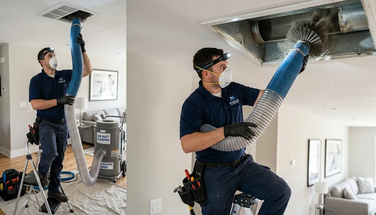 Technician cleaning air ducts for HVAC system in Los Angeles, CA home by Five Star Cooling