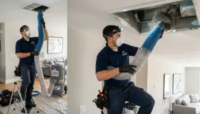 Technician cleaning air ducts for HVAC system in Los Angeles, CA home by Five Star Cooling
