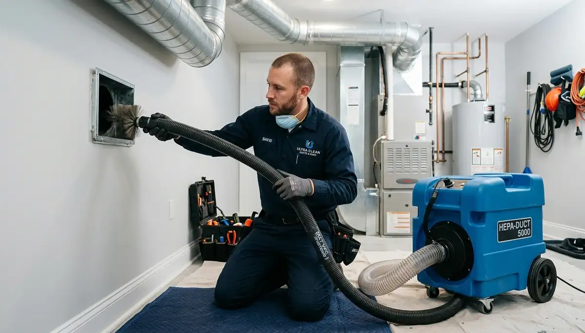 Technician cleaning air ducts in Los Angeles, CA for Five Star Cooling HVAC service