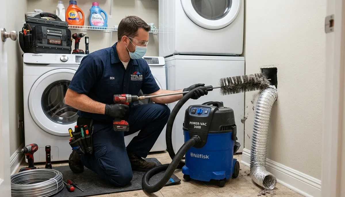 Technician performing dryer vent cleaning service in Los Angeles, CA for improved airflow and safety