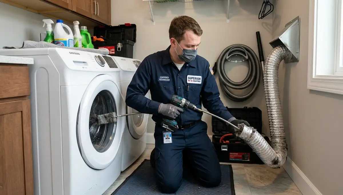 Technician cleaning dryer vent hose for AC service in Los Angeles, CA home
