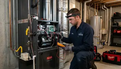 Technician performing furnace repair in Los Angeles, CA for Five Star Cooling heating service