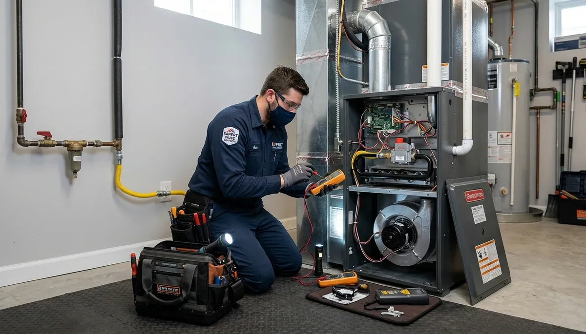 Technician performing furnace repair in Los Angeles, CA for Five Star Cooling heating service
