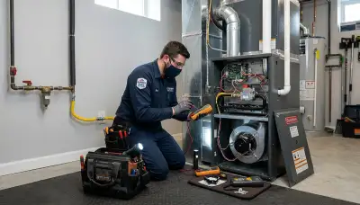 Technician performing furnace repair in Los Angeles, CA for Five Star Cooling heating service