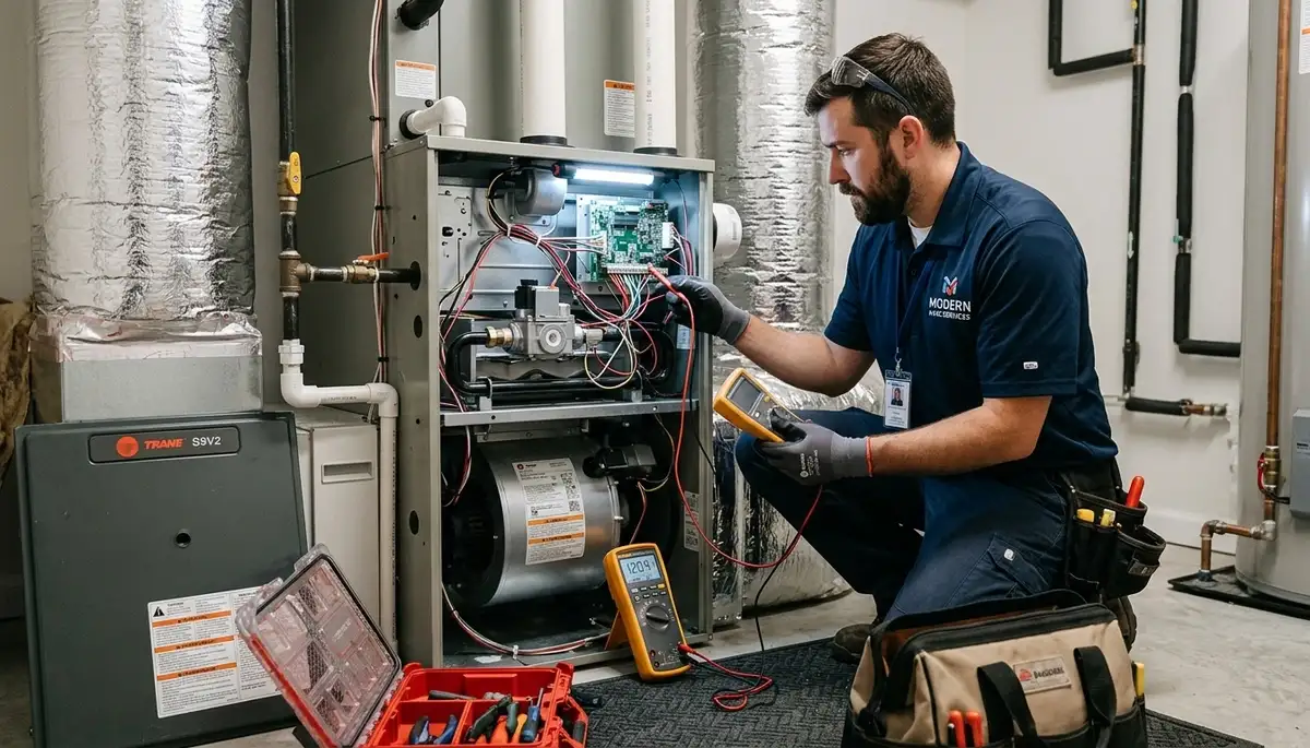 Technician performing furnace repair service in Los Angeles, CA for Five Star Cooling