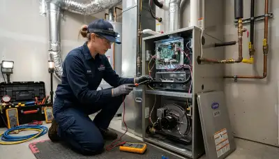 Technician performing heating repair in Los Angeles, CA for residential furnace maintenance