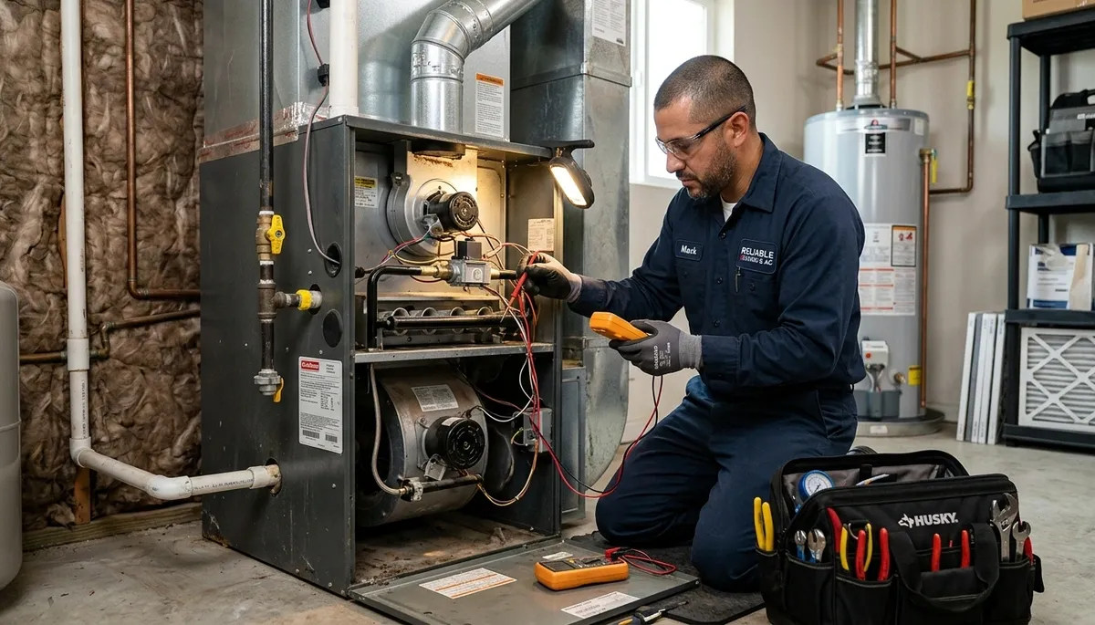 Technician performing heating repair service in Los Angeles, CA for Five Star Cooling