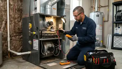 Technician performing heating repair service in Los Angeles, CA for Five Star Cooling