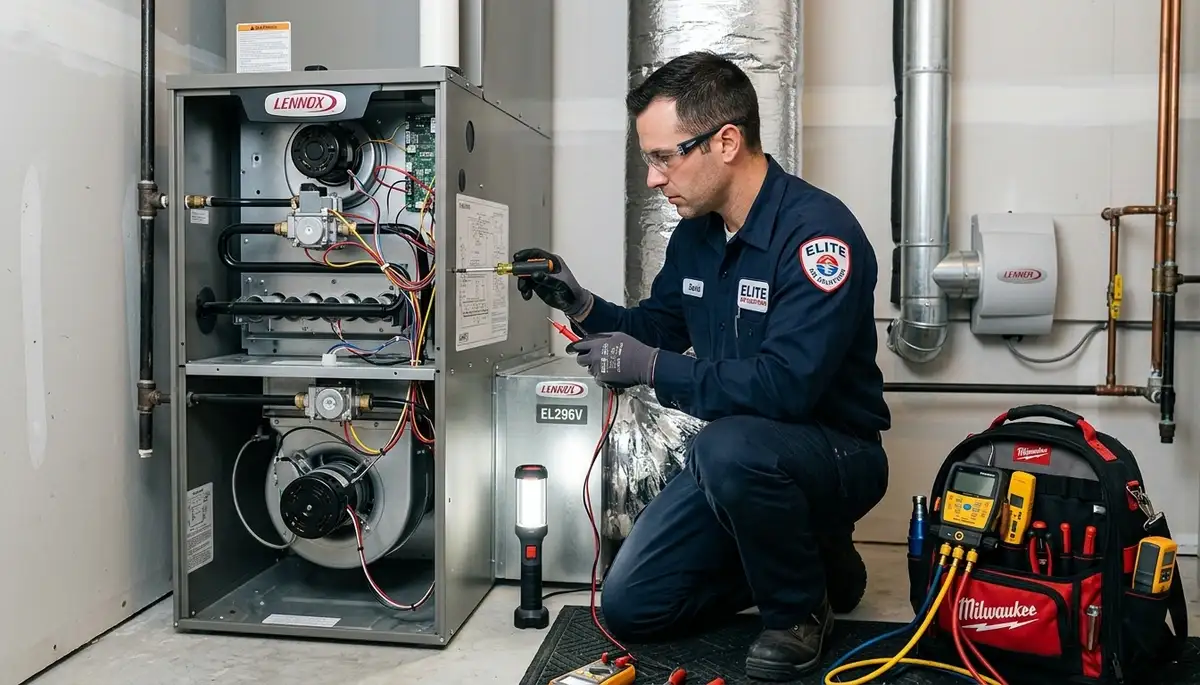 Technician performing furnace heating repair in Los Angeles, CA for Five Star Cooling