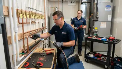 Professional plumber fixing water heater in Los Angeles, CA home by Five Star Cooling