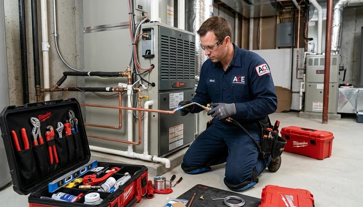 Technician repairing residential AC and plumbing system in Los Angeles, CA