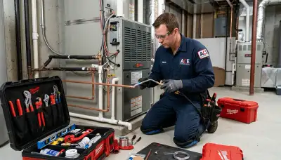 Technician repairing residential AC and plumbing system in Los Angeles, CA