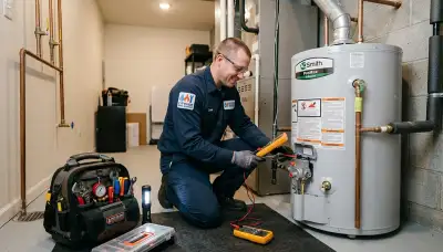 Technician repairing residential water heater in Los Angeles, CA for Five Star Cooling service