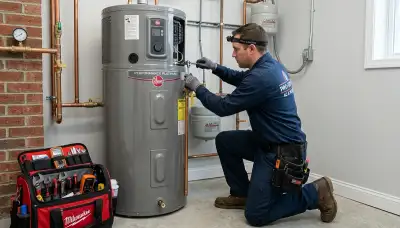 Technician repairing residential water heater in Los Angeles, CA for Five Star Cooling service