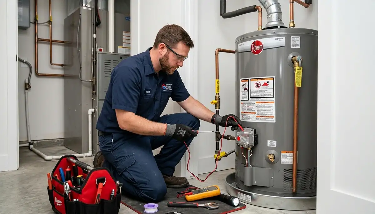 Technician repairing residential water heater in Los Angeles, CA for Five Star Cooling
